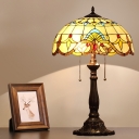2 Heads Bowl Night Lamp Baroque Style Bronze Stained Glass Petal Patterned Desk Lighting with Pull Chain