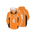 Popular Japanese Letter Number 4 3D Cosplay Patterned Contrasted Long Sleeve Drawstring Relaxed Orange Hoodie with Pocket