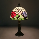 Bronze 1-Head Table Lamp Mediterranean Stained Art Glass Dome Shade Rose Patterned Night Lighting for Bedside