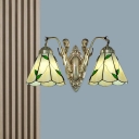 Tiffany Conical Wall Light Kit 2 Bulbs Beige/White Glass Sconce Lamp with Bronze Mermaid Backplate