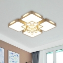 Minimalistic Square Cutouts Flushmount Acrylic Integrated LED Ceiling Light in White with Crystal Orb Drop