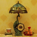 Resin Peacock Table Lamp Tiffany Single Light Blue-Yellow Nightstand Light with Clock and Dragonfly Stained Glass Shade