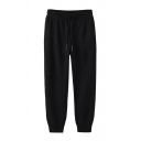 Leisure Mens Solid Color Drawstring Waist Ankle Cuffed Tapered-fit Sweatpants in Black