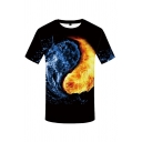 Mens Fashion Yin Yang Flame Water 3D Pattern Short Sleeve Crew Neck Slim Fit Tee Top in Black