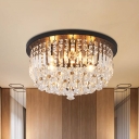 Crystal Chain Drum Ceiling Lighting Modernist 9-Head Bedroom Flush Mount Fixture in Black