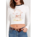 Trendy White Cartoon Pattern Long Sleeve Contrasted Crew Neck Fitted Cropped T-shirt for Ladies
