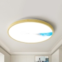 Nordic Circle Ceiling Light Acrylic LED Bedroom Flush Mount Lighting in Yellow with Lake Pattern