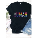 Street Girls Rolled Short Sleeve Crew Neck Colorful Letter Human Print Slim Fit Tee in Black