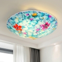 Domed Cut Glass Flush Ceiling Light Baroque 3/4-Bulb Blue Bloom Patterned Lighting Fixture, 16