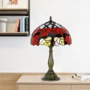 Dome Stained Glass Table Lamp Baroque 1 Head Red/Brown Flower Patterned Night Lighting for Bedroom