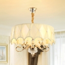 Smocked Pleated Fabric Beige Hanging Lamp Drum 5-Bulb Countryside Chandelier with Incurvated Edge