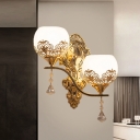 Cream Glass Gold Sconce Lighting Half-Sphere 2 Bulbs Retro Wall Mounted Light Fixture with Flower Pattern