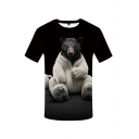 Cool Mens Black Cartoon Bear 3D Printed Short Sleeve Crew Neck Slim Fitted T Shirt