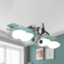 Green Fighter Plane Suspension Lamp Kid 4 Heads Metallic Pendant Chandelier with Opal Glass Shade