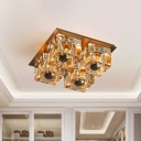 Crystal Block Squared Flushmount Lamp Minimalist 4-Head Sitting Room Ceiling Fixture in Brass