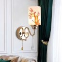Milk Glass Column Sconce Contemporary 1/2-Head Bedroom Crystal Wall Lamp in Gold with Pull Chain