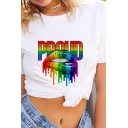 White Colorful Letter Proud Lip Graphic Short Sleeve Crew Neck Slim Fit Fashion T Shirt for Women