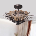 Bell Amber Glass Semi Flush Modernist 2 Lights Bedroom Flush Light in Black with Branch Crystal Accent