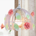 Dome Cage Iron Hanging Pendant Country 1-Light Dining Room Pendulum Light with Pink Ceramic Flower Deco