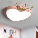 Heart with Crown Ceiling Fixture Kids Acrylic White/Pink LED Flush Mount Recessed Lighting for Nursery