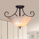 Bowled Restaurant Ceiling Lighting Vintage Frosted Glass 3-Light Black Semi Flush Mount Lamp with Scroll Arm