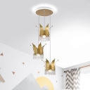Cartoon Crown Iron Hanging Light 3-Bulb Multi Pendant in Gold with Crystal Drape