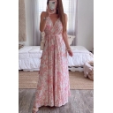 Allover Floral Printed Sleeveless Surplice Neck Bow Tie Waist Amazing Maxi Pleated A-line Dress in Pink