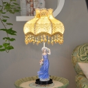 Scallop Bedside Nightstand Light Pastoral Fabric 1-Light Beige Table Lamp with Maiden Statue Pedestal