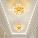 White Lotus Flushmount Lighting Minimalist Clear Crystal LED Hallway Ceiling Light with Square Canopy, Warm/White Light