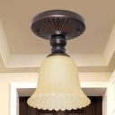 1-Bulb Scalloped Bell Mini Semi Flush Countryside Black Frosted Glass Ceiling Mounted Lamp