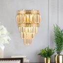 Tiered Tapered Crystal Prism Flush Mount Modernist 3-Head Living Room Wall Sconce Light with Gold Oriental Trim