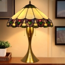 Wide Cone Tiffany Glass Table Lamp Antique Style 3-Bulb Gold Nightstand Light with Scalloped Edge