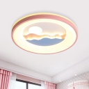 Macaron Round LED Flush Mount Acrylic Kid's Bedroom Ceiling Lamp with Sunset Over Cloud Pattern in Blue/Pink