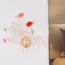 Ceramic Rose Wall Sconce Light Korean Garden 3 Bulbs Bedroom Wall Lamp in Gold with Crystal Accent