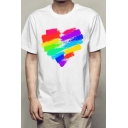 Mens Rainbow Stripe Cartoon Patterned Short Sleeve Crew Neck Relaxed Fitted T-shirt in White