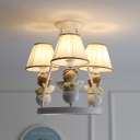 White Braided-Trim Cone Pendant Lamp Kid 3 Heads Pleated Fabric Chandelier with Angel Decoration