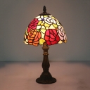 1-Light Night Light Tiffany Dome Shaped Hand Cut Glass Nightstand Lamp in Yellow/Orange/Purple with Rose Pattern