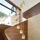 Modernism Drum Multi-Light Pendant Faceted Crystal 8 Lights Stairs Down Lighting in Gold with Spiral Design
