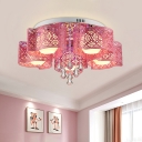 Cutout Metal Flush Mount Modern 3/5 Heads Bedroom Flush Light in Rose Red with Diamond Crystal