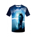 Mens Street Wolf 3D Patterned Short Sleeve Crew Neck Regular Fit T Shirt in Blue