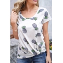 Leisure Womens All over Pineapple Printed Short Sleeve Round Neck Twist Hem Loose T-shirt in White