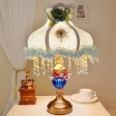 European Pastoral Vase Shape Night Lamp 1 Head Fabric Table Light with Flower Trim in Light Blue
