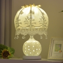 Globe Ceramic Table Lighting Pastoral Style 1 Head Bedroom Night Lamp with Lace Dome Lampshade