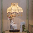 Ceramic White Night Lamp Maiden Sitting Against Tree 1 Head American Flower Table Light with Beige Lamp Shade