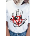 Unique Letter Hand Graphic Short Sleeve Crew Neck Loose Tee Top in White