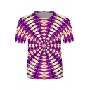 Fashionable Mens Dizzy Geoetric 3D Printed Short Sleeve Crew Neck Regular Purple Tee Top
