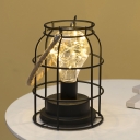 Modern Bottle Lantern Nightstand Lamp Iron Bedside USB/Battery LED Table Light in Black with Stranded Rope Handle