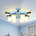 Cylindrical Flush Light Mediterranean Frosted Hammered Glass 6 Bulbs Blue Ceiling Fixture with Rudder Canopy