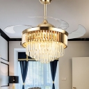 3 Blades Modernist Tiered Semi Flush Light Rectangular-Cut Crystal Living Room LED Pendant Fan Lamp, 19