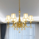 Country Style Scalloped Bell Chandelier 6 Bulbs Fabric Suspended Lighting Fixture in Brass with Crystal Accent